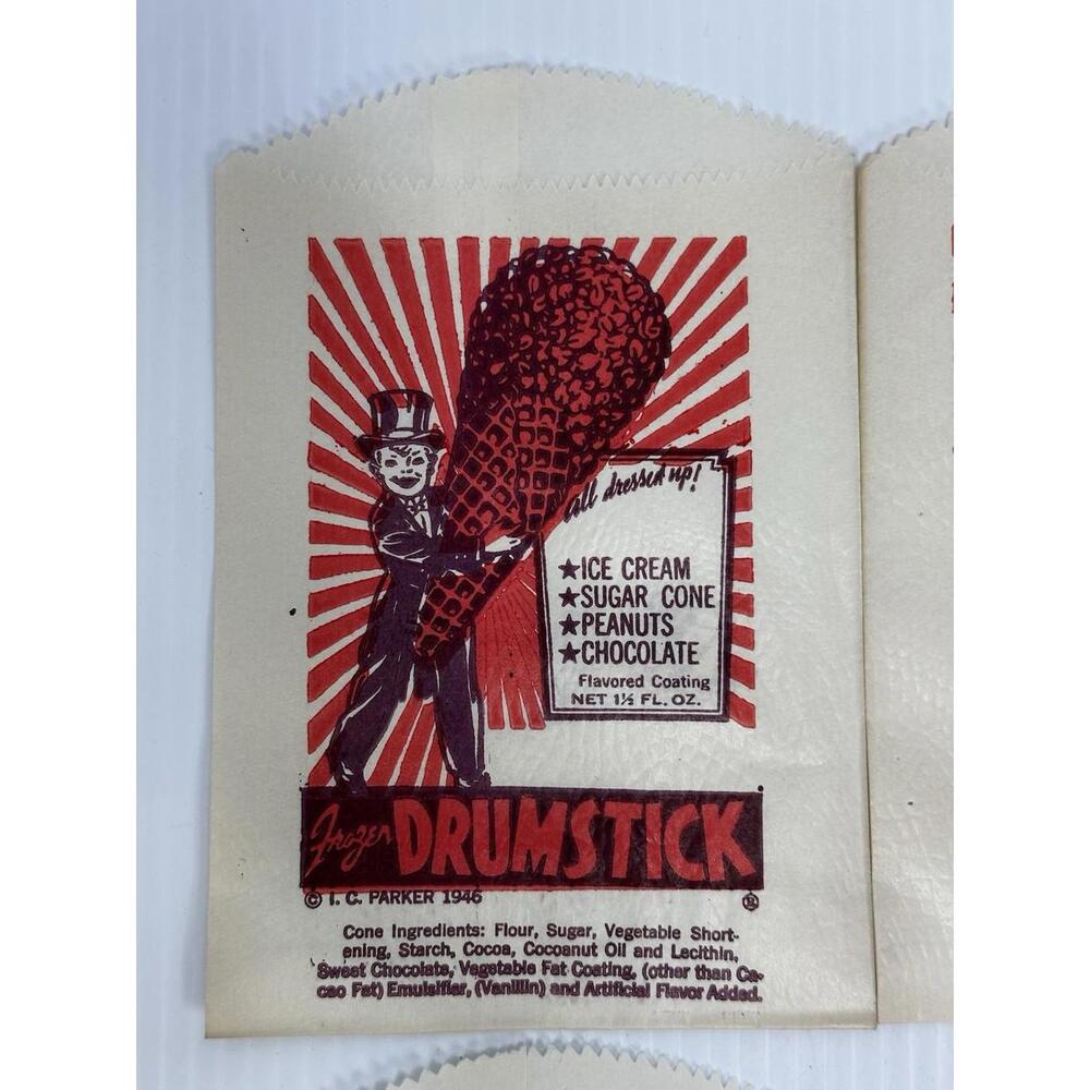 4 Vintage Original 1946 FROZEN DRUMSTICK Ice Cream Cone Snack Bag I C Parker NOS